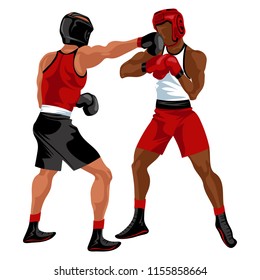 Two boxers fighting. Battle spectacle event with knockdown between professional sportsmen in sportswear vector illustration.