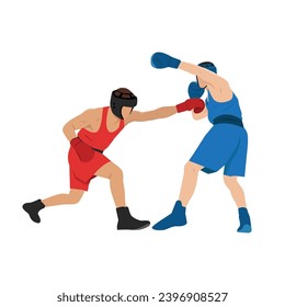 Two boxers fighting. Battle spectacle event with knockdown between professional sportsmen in sportswear. Flat vector illustration isolated on white background