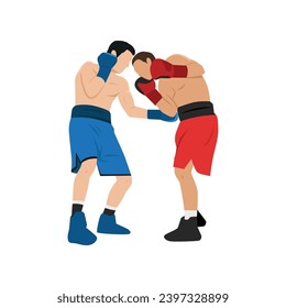 Two boxers fighting. Battle spectacle event with knockdown between professional sportsmen in sportswear. Flat vector illustration isolated on white background