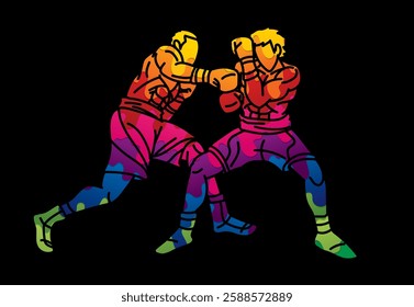 Two Boxers are Fighting  Boxing Sport Kickboxing Action Muay Thai Cartoon Graphic Vector