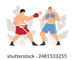 Two boxers fighting on the ring flat vector illustration. Battle sports game competition between professional sportsmen in red and blue sportswear. Wrestling match on floral background