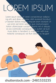 Two boxers fighting on the ring flat vector announcement poster. Battle sports game competition between professional sportsmen in red and blue sportswear. Wrestling match, martial art