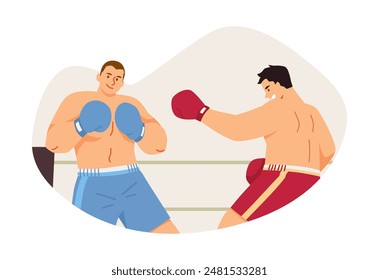 Two boxers fighting on the ring flat vector illustration. Battle sports game competition between professional sportsmen in red and blue sportswear isolated in decorative frame. Wrestling match