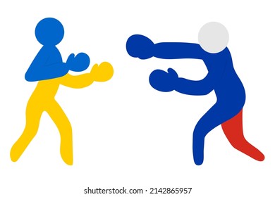 Two boxers are fighting. People are painted in the colors of the flags of Russia and Ukraine. Colored vector icon. Athletes in boxing gloves are boxing. The men strike with their fists. 
