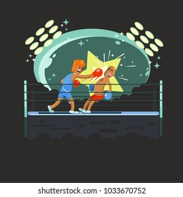 Two boxers fighting in the ring. Vector illustration. Flat style. Battle of Champions, boxer knocks out opponent
