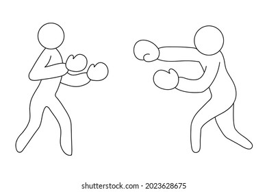 Two boxers are fighting. Sketch. Vector icon. Athletes in boxing gloves are boxing. The men strike with their fists. Isolated white background. Coloring book for children. Doodle style. 