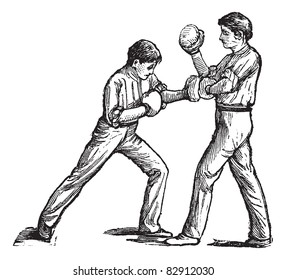 Two boxers fighting, vintage engraving. Old engraved illustration of two boxers fighting and one is showing how to stroke left fist on the chest. Trousset encyclopedia (1886 - 1891).