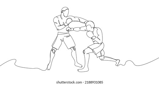 Two boxers in a full body fight one line art. Continuous line drawing boxing, protective mask, boxing gloves, fight, battle, competition, sport.