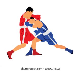 Two boxers in ring fighting vector illustration isolated on white background. Strong fighters battle spectacle event. Martial arts sport. Courage of pride and skill. Old fight Olympic discipline.