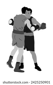 Two boxers in ring fighting vector illustration isolated on white background. Strong fighters battle spectacle event. Martial arts sport. Courage of pride and skill. Old fight Olympic discipline.