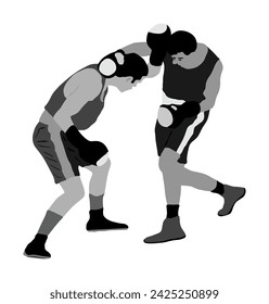 Dos boxeadores en ilustración de silueta de vector de anillo aislado sobre fondo blanco. Luchadores fuertes batallan en un espectáculo. Deporte de artes marciales. Coraje de orgullo y habilidad. Vieja lucha de la disciplina olímpica.