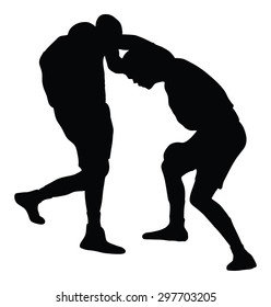 Two boxers in ring vector silhouette illustration isolated on white background. Strong fighters battle spectacle event. Martial arts sport. Courage of pride and skill. Old fight Olympic discipline.