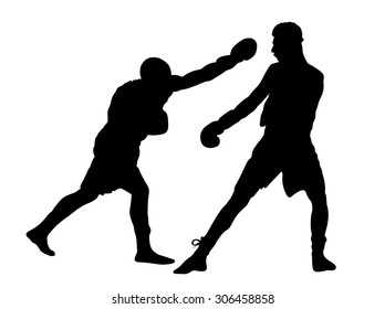 Two boxers in ring vector silhouette illustration isolated on white background. Strong fighters battle spectacle event. Martial arts sport. Courage of pride and skill. Old fight Olympic discipline.