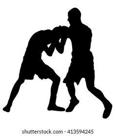 Two boxers in ring vector silhouette illustration isolated on white background. Strong fighters battle spectacle event. Martial arts sport. Courage of pride and skill. Old fight Olympic discipline.