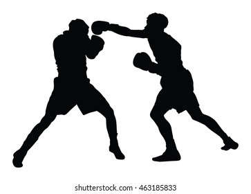 Two boxers in ring vector silhouette illustration isolated on white background. Strong fighters battle spectacle event. Martial arts sport. Courage of pride and skill. Old fight Olympic discipline.