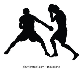 Two boxers in ring vector silhouette illustration isolated on white background. Strong fighters battle spectacle event. Martial arts sport. Courage of pride and skill. Old fight Olympic discipline.