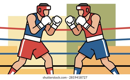 Two boxers wearing headgear and gloves facing each other in a ring ready for a match representing intense athletic competition.