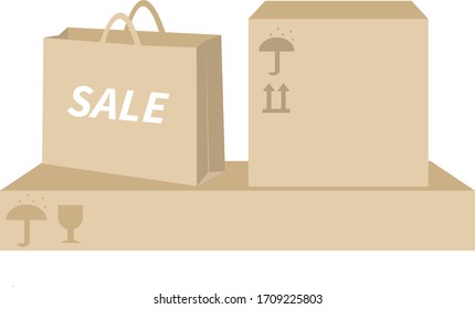 Two boxes with cargo labels and a discount package. Flat vector illustration