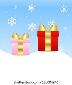 two boxes with gifts stand on snow, vector illustration