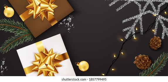 Two boxes with golden ribbon surrounded by christmas decorations and pine cones and twigs. Happy holidays. Realistic 3D mockup product placement. Vector