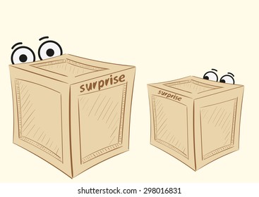 Two boxes with the looking-out eyes and an inscription a surprise