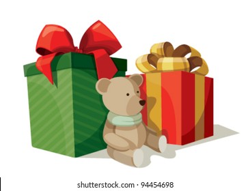 Two boxes of presents with a teddy bear sitting nearby