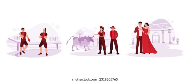 Two boxing athletes are ready to fight in the boxing ring. Happy young couple looking at cows on their farm. A couple in love is toasting. Trend modern vector flat illustration.