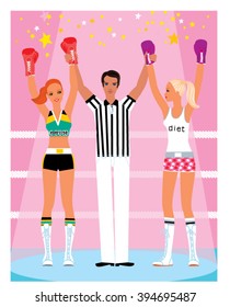 Two boxing girls and referee on the ring. Winners woman boxers.