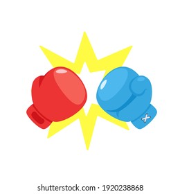 Two boxing gloves fighting concept red vs blue with yellow sign of impact. Vector flat illustration isolated on white background  - Shutterstock ID 1920238868