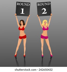 Two Boxing Ring Girls Holding A Board With Round Number. Vector Illustration. 