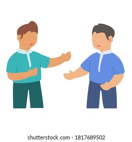 Two boy character chatting discuss as friends white isolated background with flat color style