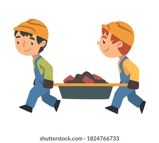 Two Boy Construction Workers Сarrying Construction Waste Together, Cute Little Builder Character Wearing Blue Overalls and Hard Hats Cartoon Style Vector Illustration