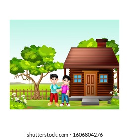 Two Boy In Front of Wood House Cartoon