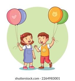 two boy and girl holding balloons.