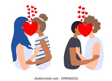 Two boy kiss and Two girls kiss . Lesbians.  Homosexual people. Gentle hug and kiss. Vector illustration isolated on white background. Valentine concept.