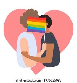 Two boy kiss for an LGBT flag on pink heart . Homosexual people. Vector illustration. Pride Month. 