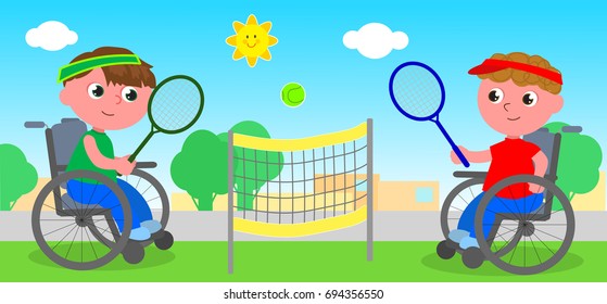 Two boy on wheelchair playing a tennis match, vector illustration