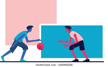 Two Boy Playing Basketball one on one Vector Illustration flat design template, Sport poster banner flyer ui website, dribble ball game play vector, Basketball versus and games logo icon symbo