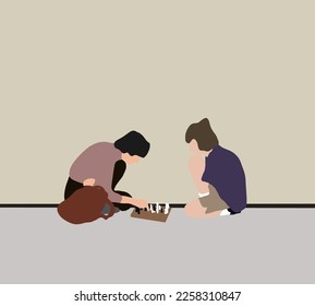Two boy playing chess on street. Children playing intelligent game. Childhood and board games, brain development and logic