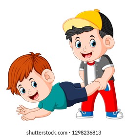 the two boy are playing and some of them holding the legs