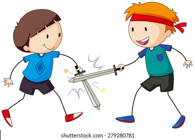 Two boy playing swordfighting together