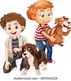 Two boy playing with their dogs isolated on white background illustration