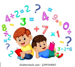 Two boy reading book and learning mathematics