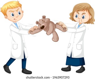 Two boy scientist fighting over a teddy bear illustration