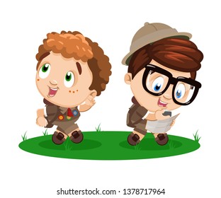Two boy scouts in safari uniform hiking, walking in nature. Young traveller holding map, compass and studing route. Tourists at unknown place. Vector clip art isolated on white background.