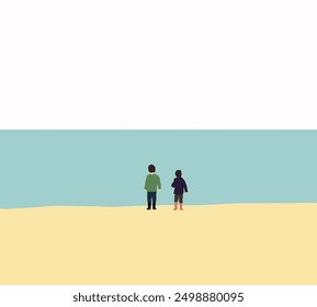 Dos niños de pie en la playa disfrutan de vacaciones en la isla tropical mirando al mar. Familia feliz y concepto de vacaciones.