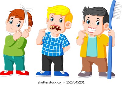 Two boy with tooth unhealthy and a boy with tooth healthy