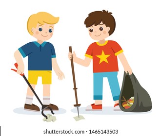 Two boy volunteers holding packets and gathering garbage. Happy Earth Day. Save the earth. Green day. Ecology concept.