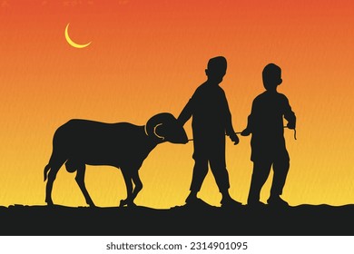 Two boy walking with Qurbani goat with evening background 