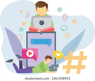 The two boys active on social platforms on their laptop.